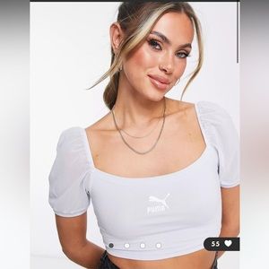 Puma Organza Crop Top Short Mesh Puff Sleeves Blue Size XL